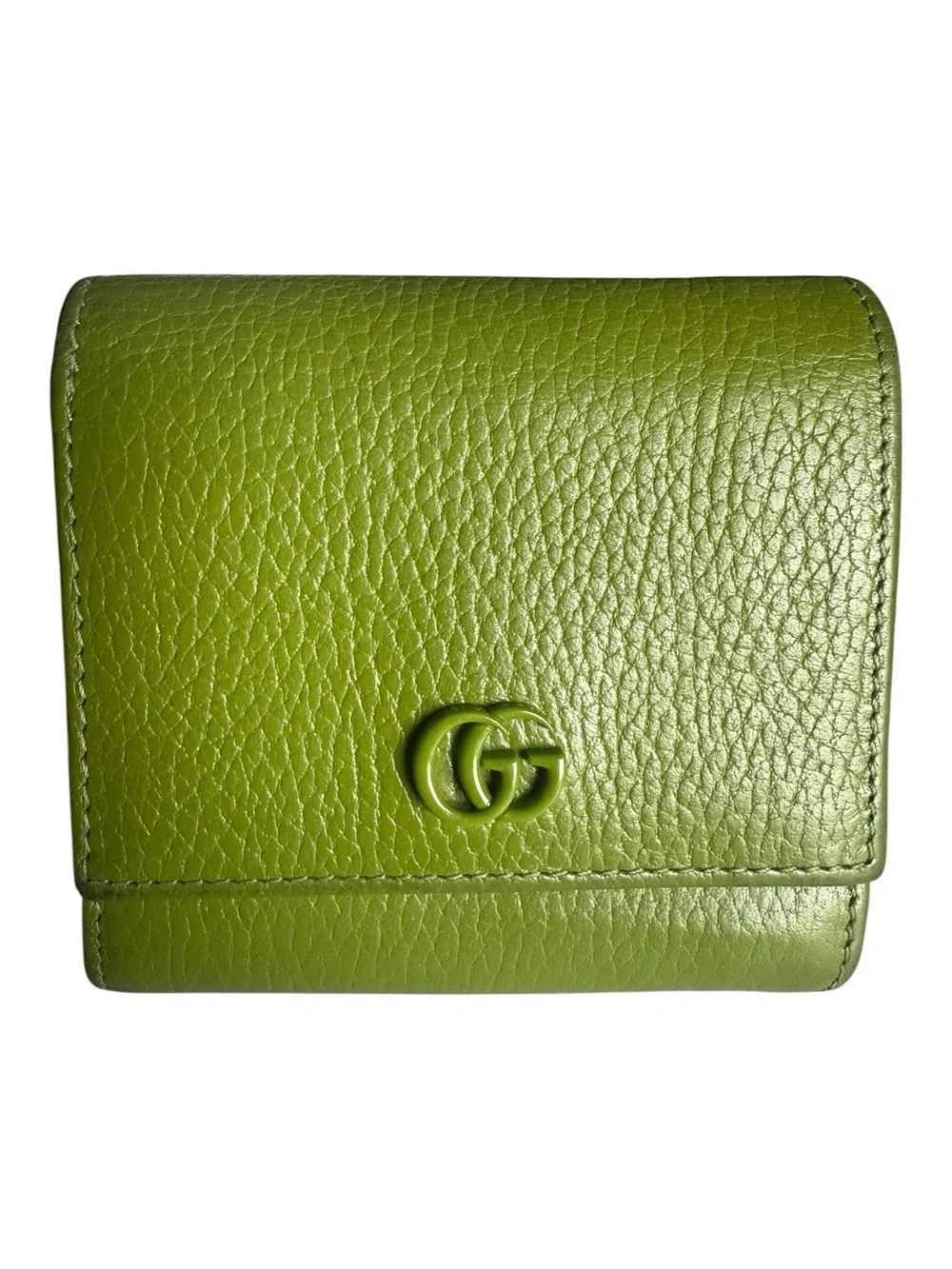 Authentic Gucci GG Marmont Lime Green Pebbled Leather Compact Wallet